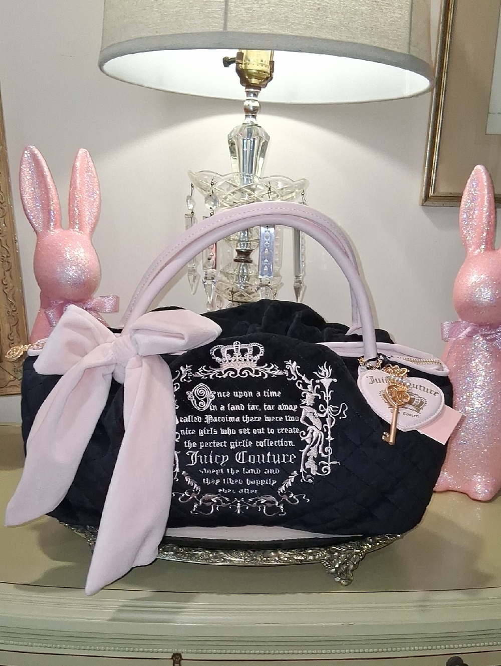 Juicy Couture Black Quilted Tote with Light Pink Bow